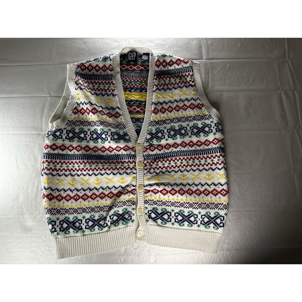 Vintage‎ 90s GAP Fair Isle Knit Button Front Sweater Vest Large Ivory Multicolor